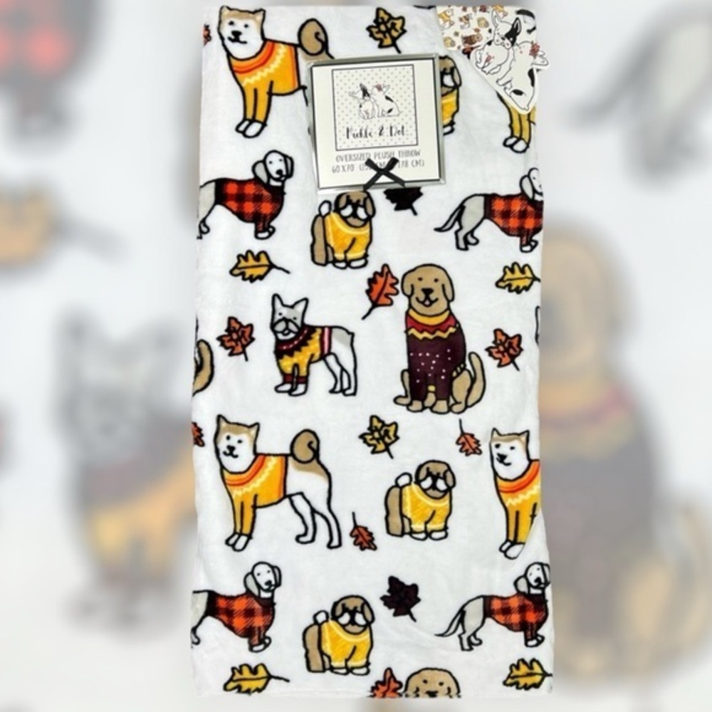 PETS - Pickle & Dot  - ‘Autumn Dogs’ plush throw. 60” x 70”. NWT.